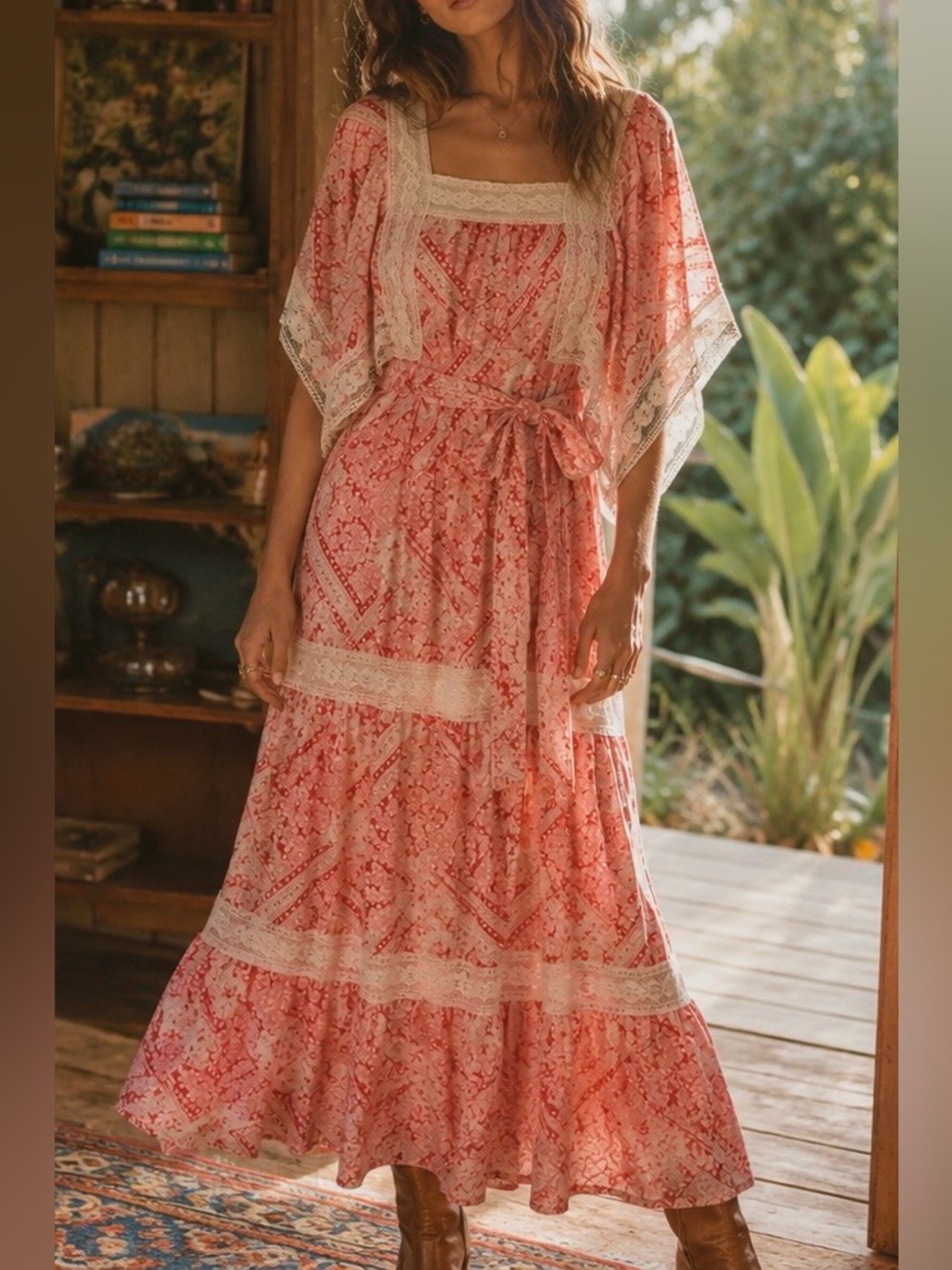 Vintage Boho Lace-Trim Maxi Dress in red, pink and white